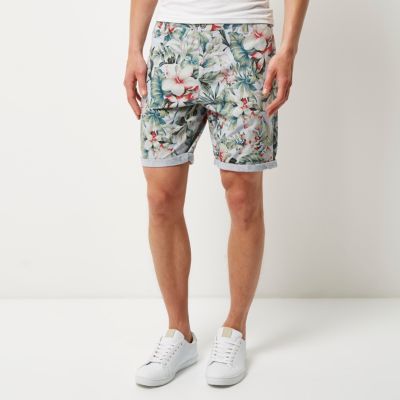 Blue Oxford Hawaiian print slim fit shorts